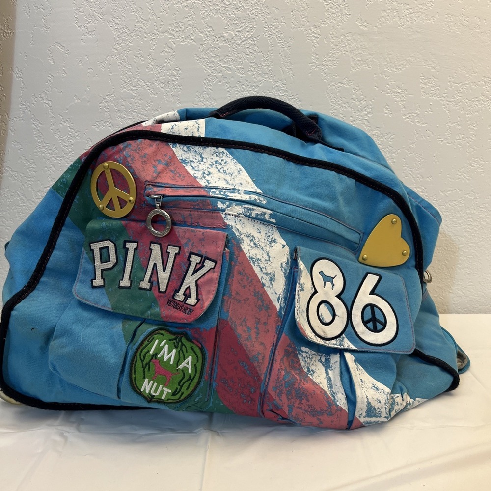 PINK Vintage Rare VS Peace University rolling Duffle luggage blue White bag 2007